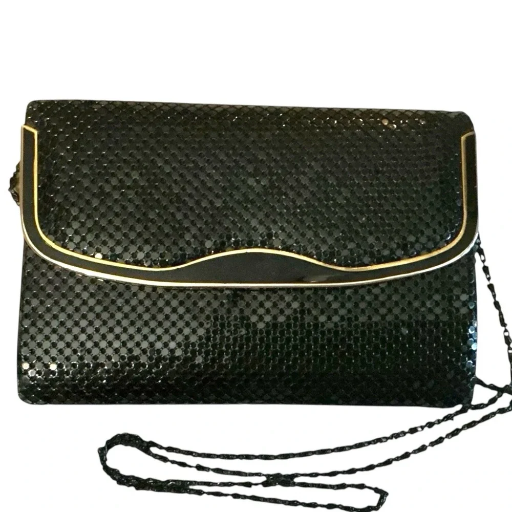 Vintage Metal Mesh Clutch Gold Trim w/ Beade Chain Envelope Style Disco Cocktail